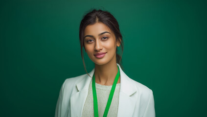Bright and minimal portrait of professional Indian woman in healthcare, science or education field
