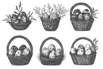Stylized clipart featuring decorated Easter eggs in woven baskets with floral embellishments for a festive rural celebration
