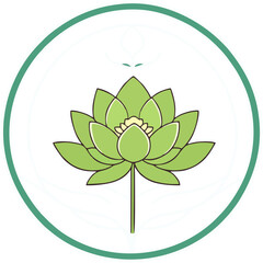 A vibrant green lotus flower, meticulously illustrated in a minimalist line art style, is encircled within a teal circular frame, conveying serenity and natural beauty.