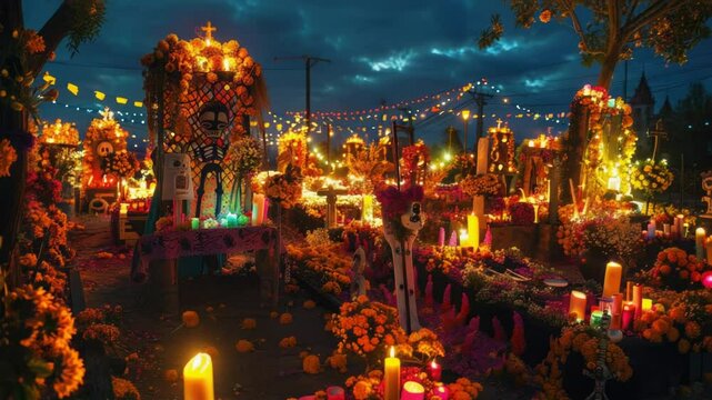 A peaceful cemetery scene with many flowers and candles, perfect for use in memorial or remembrance contexts