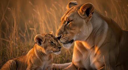 Majestic Lioness and Cub Nuzzle in Golden Savannah Light