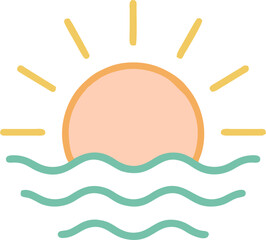 A minimalist illustration of a sun setting over calm ocean waves, perfect for summer designs, branding, or social media content, evoking serenity and peace.