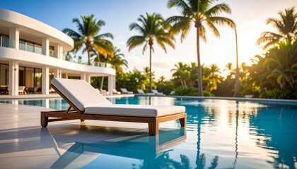 Fototapeta premium swimming pool in hotel with lounger, sunny day 