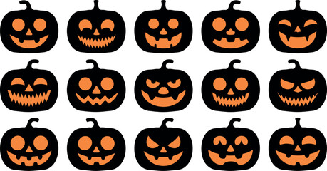 Collection of fifteen diverse black halloween pumpkin jack o lantern faces silhouette