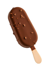 Obraz premium delicious chocolate-covered ice cream bar on a wooden stick isolated on white or transparent background. PNG format.