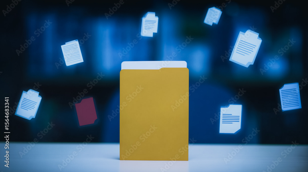 Poster digital file management: a close-up perspective showcases a digital folder, with documents floating,