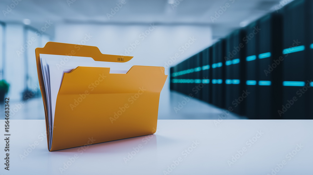 Poster data folder: the central data folder sits on a clean, uncluttered surface with a servers and data ce