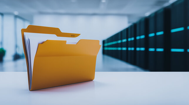 Data Folder: The central data folder sits on a clean, uncluttered surface with a servers and data center background, ideal for representing digital data.