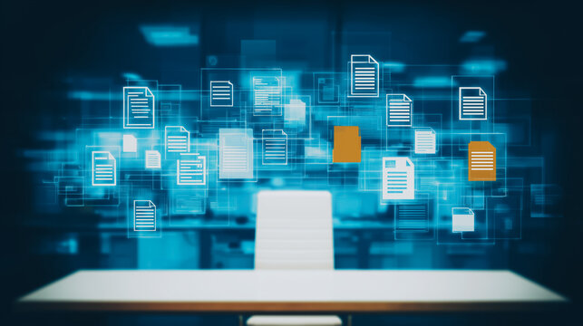 Digital Data Visualization: Envision the future of information management. a desk sits centered before a holographic display, teeming with digital documents.