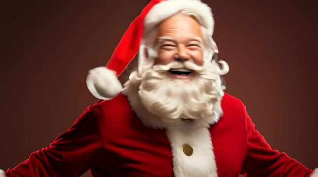 White beard laughing senior man with light skin in a traditional red Santa costume for studio photography