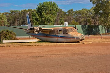 A wrecked aircraft from the Cessna 400 series on display at Daly Waters, Australia.