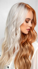 Naklejka premium Serene Woman with Half Platinum Blonde, Half Copper Red Wavy Hair
