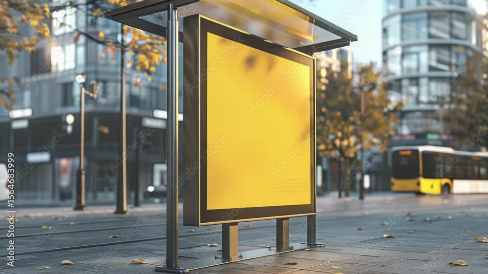 Poster a city bus stop with a bus in the background, a place for people to wait and travel