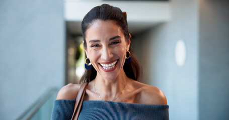 Portrait, laugh and conference with business woman for about us, stock broker speaker and pride....