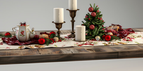Christmas Table Setting with Candles, Tree, and Festive Decorations

