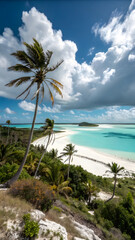 Fototapeta premium Tropical Island Paradise: White Sand Beach, Turquoise Water, Palm Trees, Dramatic Cloudscape, Idyllic Vacation Scene