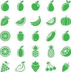 Assorted green fruit icons on white background apple pear