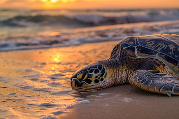 Sea Turtle at Sunset on Beach