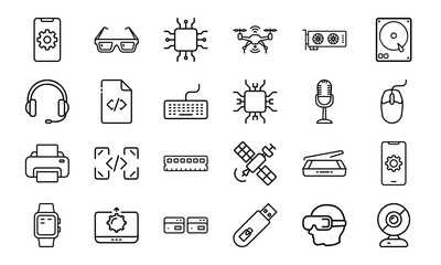 Collection Of 24 Minimal Technology Line Icons Featuring Gadgets, Electronics, Devices, Computers, Smartphones, Wearables 1 (24)