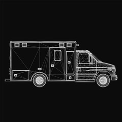 Ambulance blueprint on black background features a detailed outline of the vehicle, including body structure and wheels. The design highlights essential emergency vehicle components with precision. © German Ovchinnikov