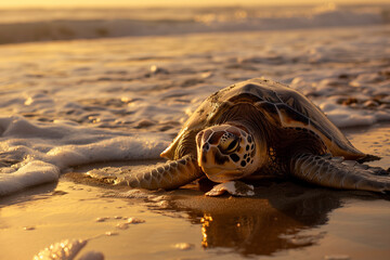 Sea Turtle on Beach at Sunset