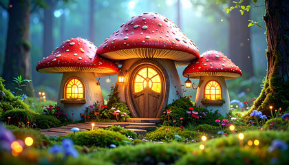 Magical house shaped like a fly agaric mushroom in the forest photo