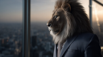 Lion in a Suit Contemplating Sunset