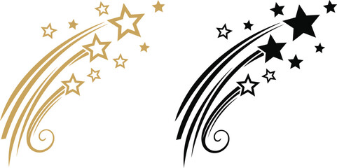 Gold and black star trails with swirls on a white background in a side by side comparison illustration