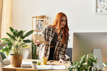 Young beautiful woman enjoying her spare time while working at her cozy home office