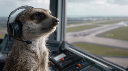 Dog with Headset in Cockpit