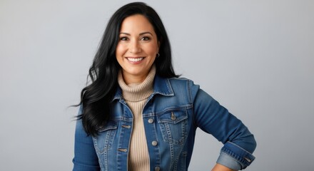 Confident woman with a warm smile wearing a denim jacket