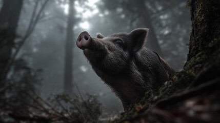 Wild Boar in Foggy Forest Scene