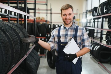 Young man with clipboard near car tires in auto store