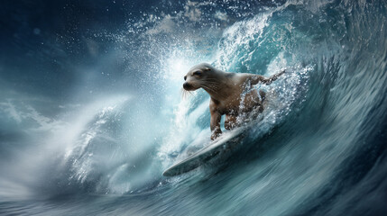 Surfing Otter Amidst Waves