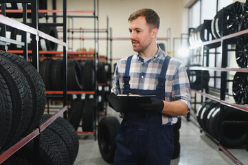 Portrait of a tire fitting worker. A large warehouse or store of various car tires