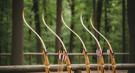 A Line Of Traditional Wooden Archery Bows Ready For Competition