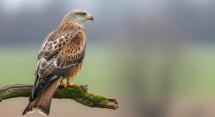 Majestic Red Kite Perched on Mossy Branch in Overcast Daylight