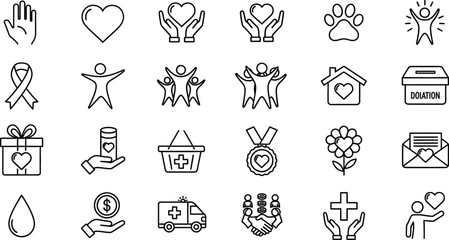 A collection of line art icons representing charity, donation, and helping others in black and white