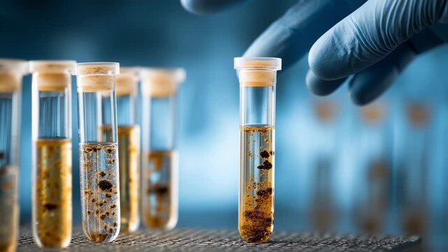 Against a blurred laboratory background a gloved hand reaches in from the right dexterously grasping a test tube. The tubes contents display a rich mixture of sediments that catch the