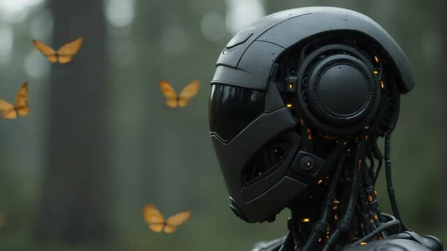 Dark Metallic Robot Gazing at Holographic Orange Butterfly or bird in a Forest