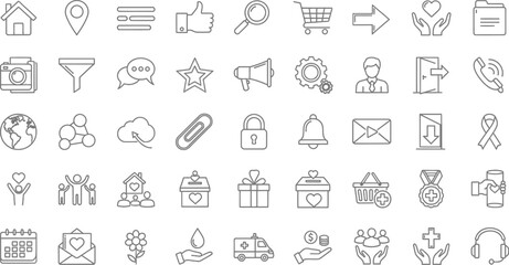 A collection of various outline icons representing different concepts and symbols in a grid format