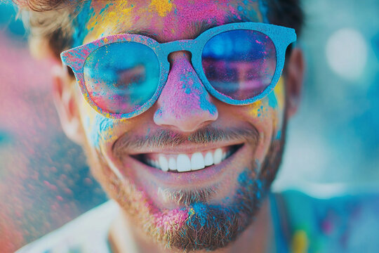 Man smiling with colorful paint on face and sunglasses during vibrant summer beach party celebration, generative ai