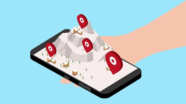 hand holding a smartphone displaying a winter mountain landscape with several cabins marked by red location pins 3d animation cartoon