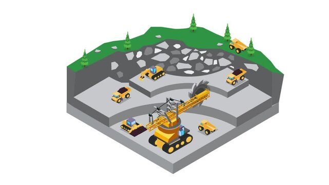 a stone quarry with various heavy machinery including excavators, bulldozers, and dump trucks involved in the process of extracting and transporting rocks 3d animation cartoon