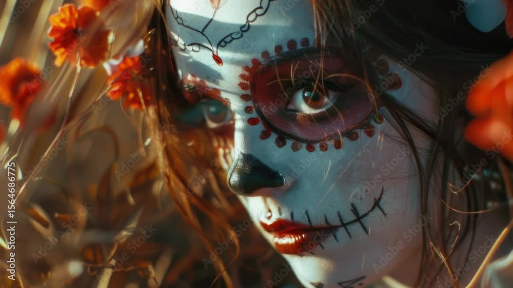 Poster A person's face is painted with colorful designs and patterns, ideal for use in artistic or creative concepts