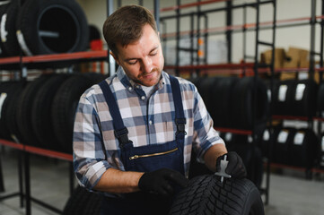 Mechanic measuring tire tread depth in automobile service centre