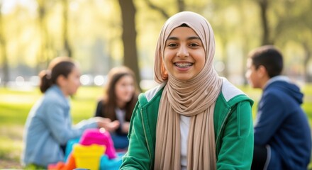 Smiling Muslim Girl With Friends Enjoying A Picnic In The Park On A Sunny Day
