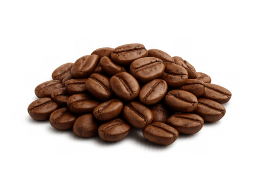 Roasted coffee beans piling together against transparent surface, showcasing rich brown texture