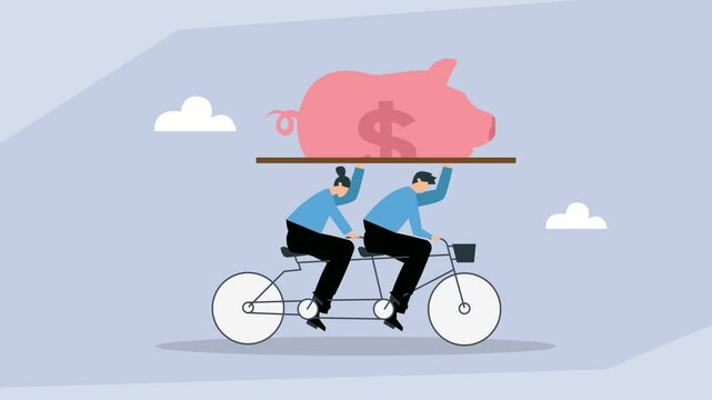 Two individuals on a tandem bicycle struggle to carry a heavy piggy bank with a dollar sign