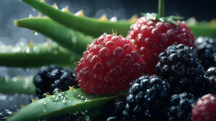 Close-Up of Fresh Berries and Aloe Vera